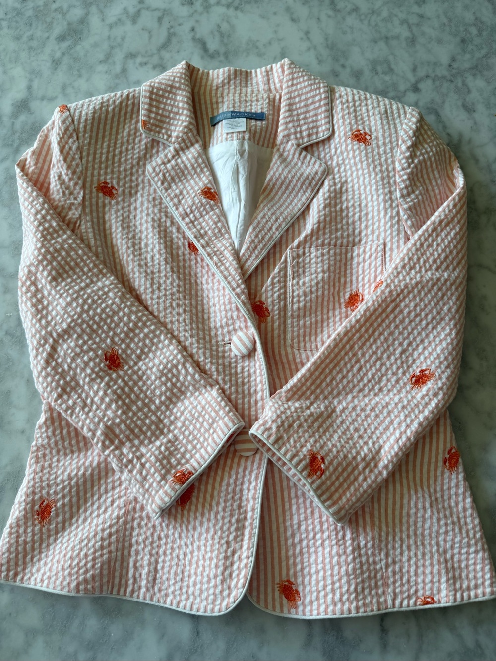 Bushwacker Seersucker Blazer XS Orange White Embroidered Crab Preppy Coastal